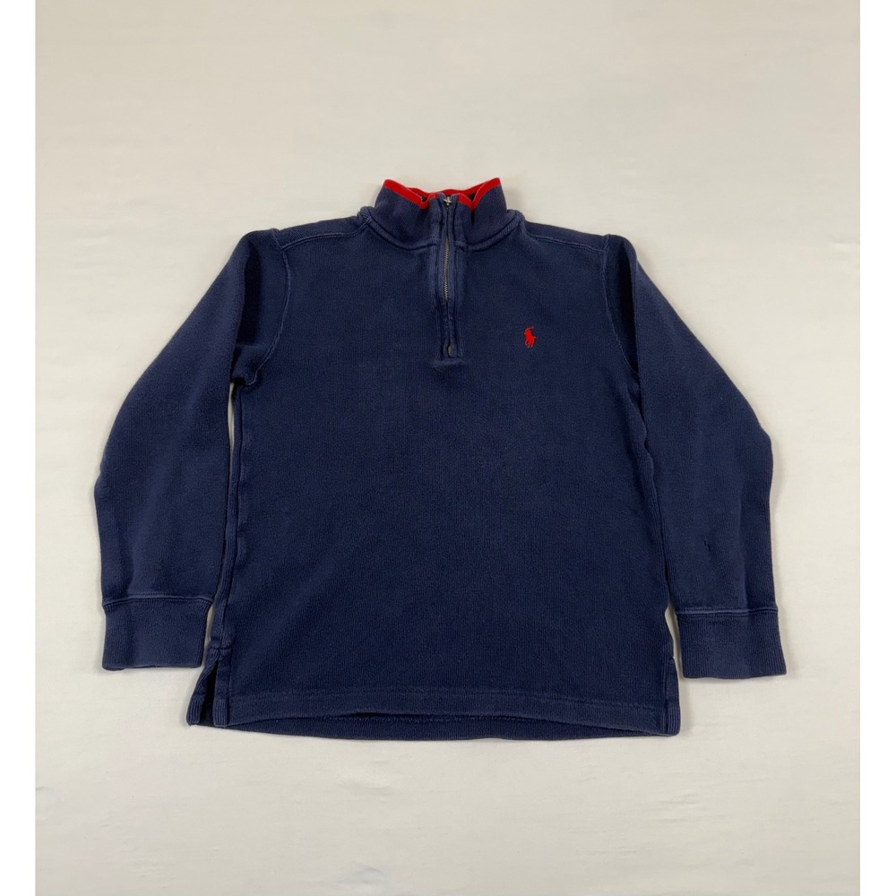 Polo Ralph Lauren Boys Navy Blue Quarter Zip Sweatshirt Red‎ Collar Size Medium